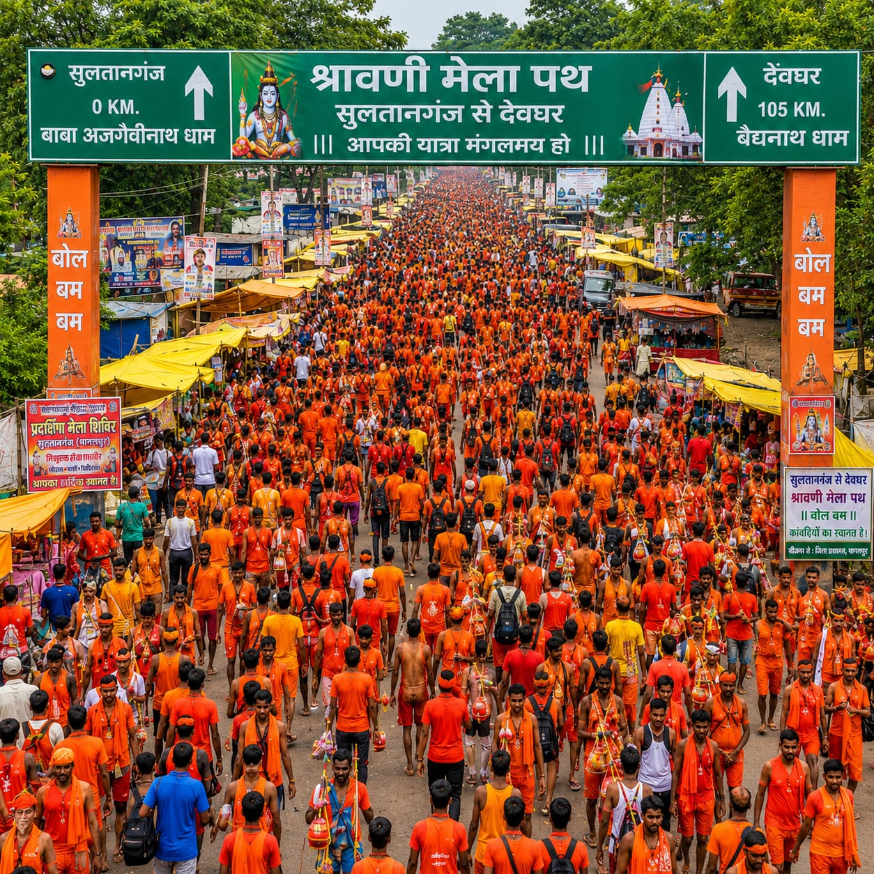 Massive orange-clad crowd at Shravani Mela festival path.